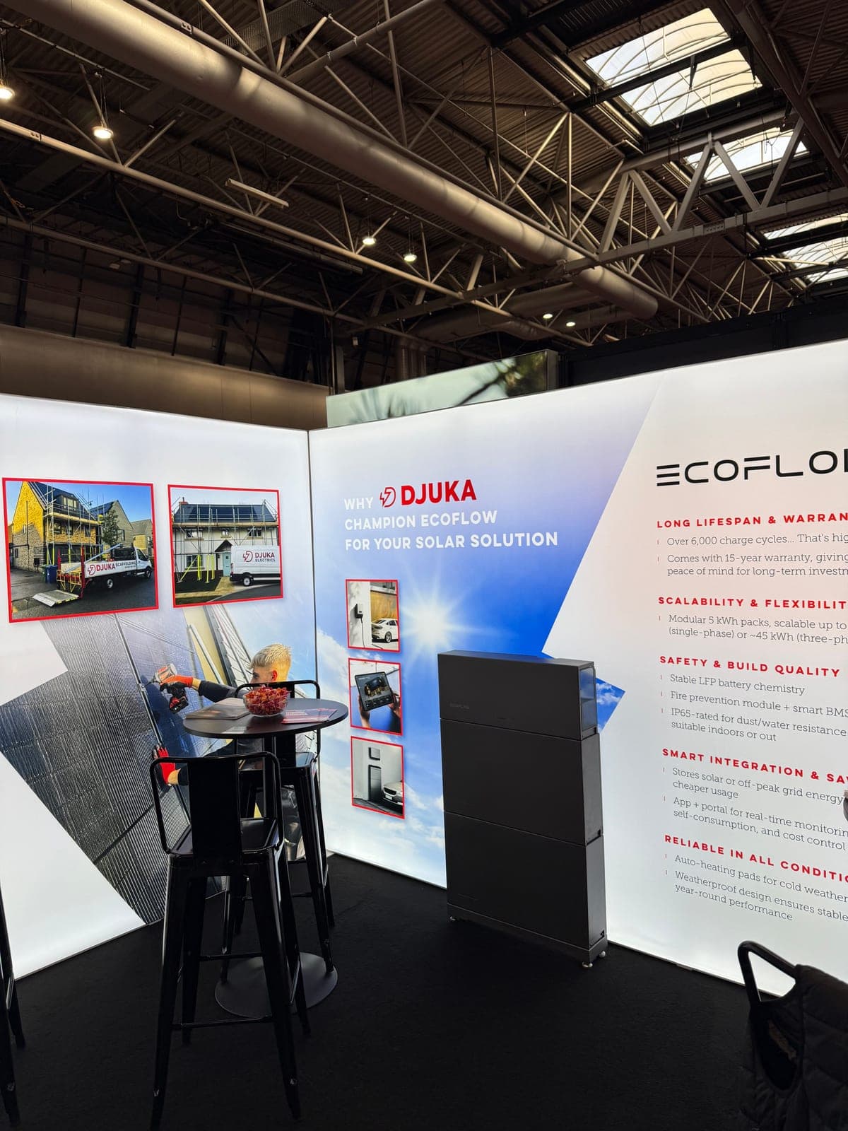 Djuka stand at the trade show featuring an EcoFlow battery on display alongside install photography